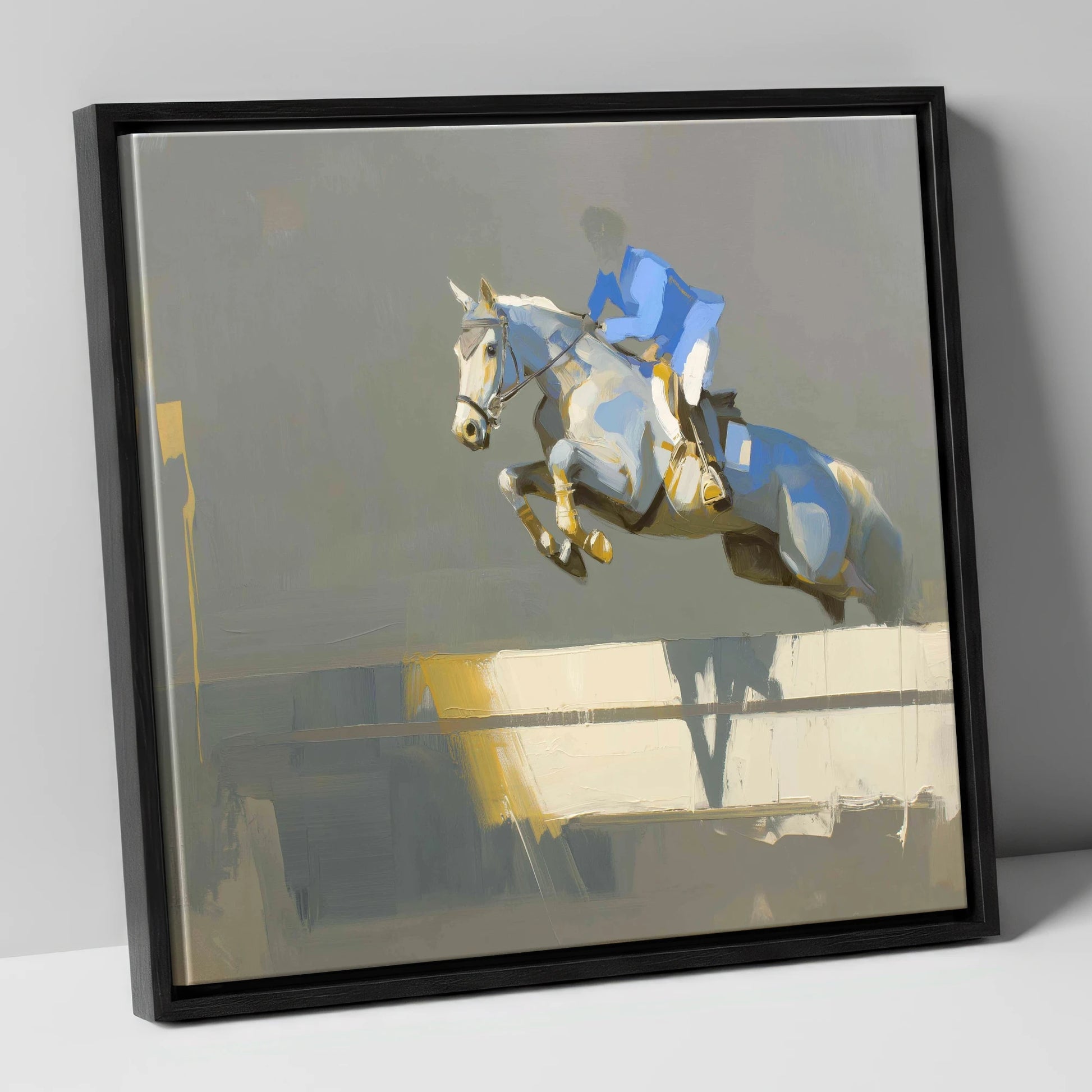 Ascent in Blue show jumping horse canvas wall art in black frame