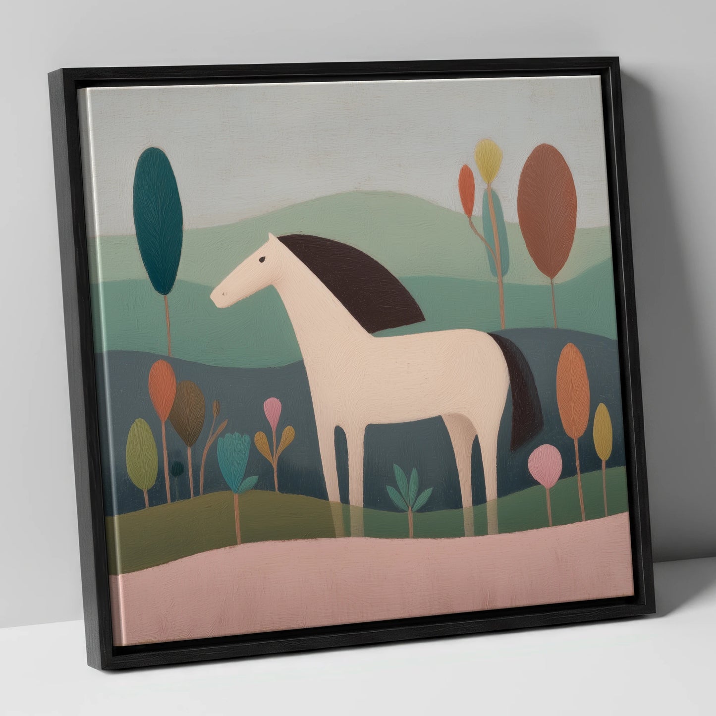 Tranquil Meadow Grey horse breed canvas wall art in black frame