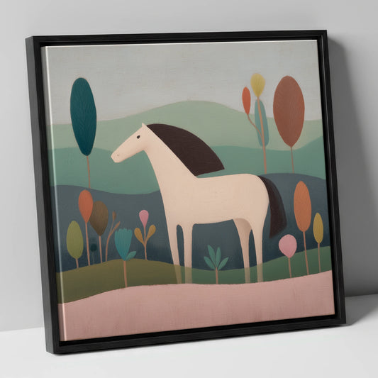 Tranquil Meadow Grey horse breed canvas wall art in black frame