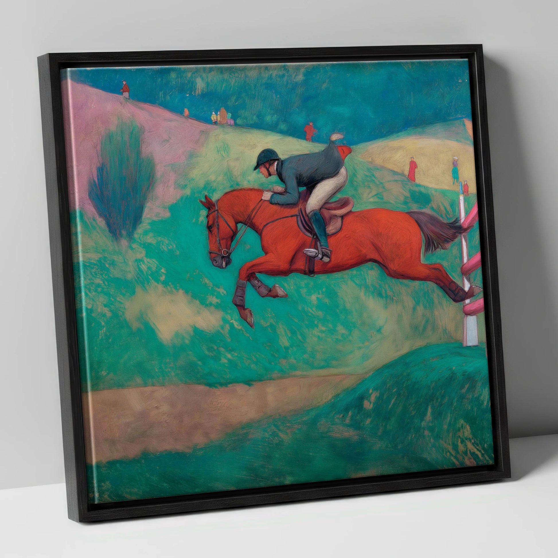 Flight Over Emerald Hills show jumping horse canvas wall art in black frame