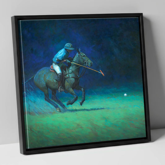 Midnight Chukka polo horse canvas wall art in black frame