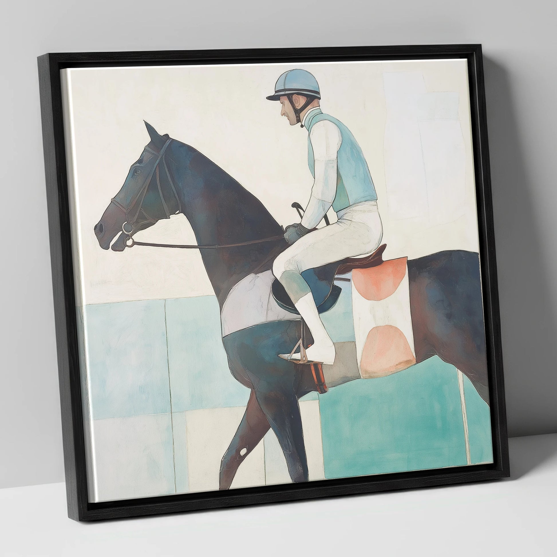 Aquamarine Stride racing horse canvas wall art in black frame
