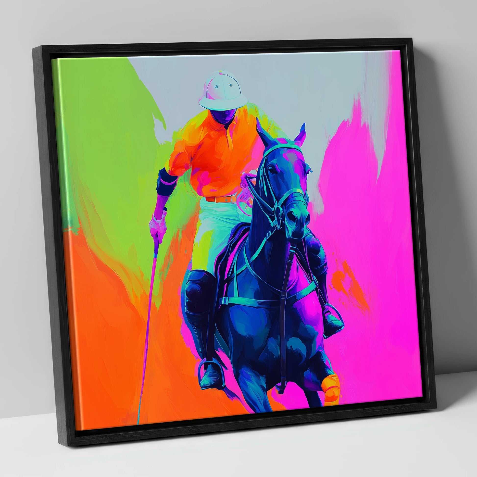Neon Chukka polo horse canvas wall art in black frame