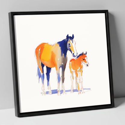Sunlit Bond mare & foal canvas wall art in black frame