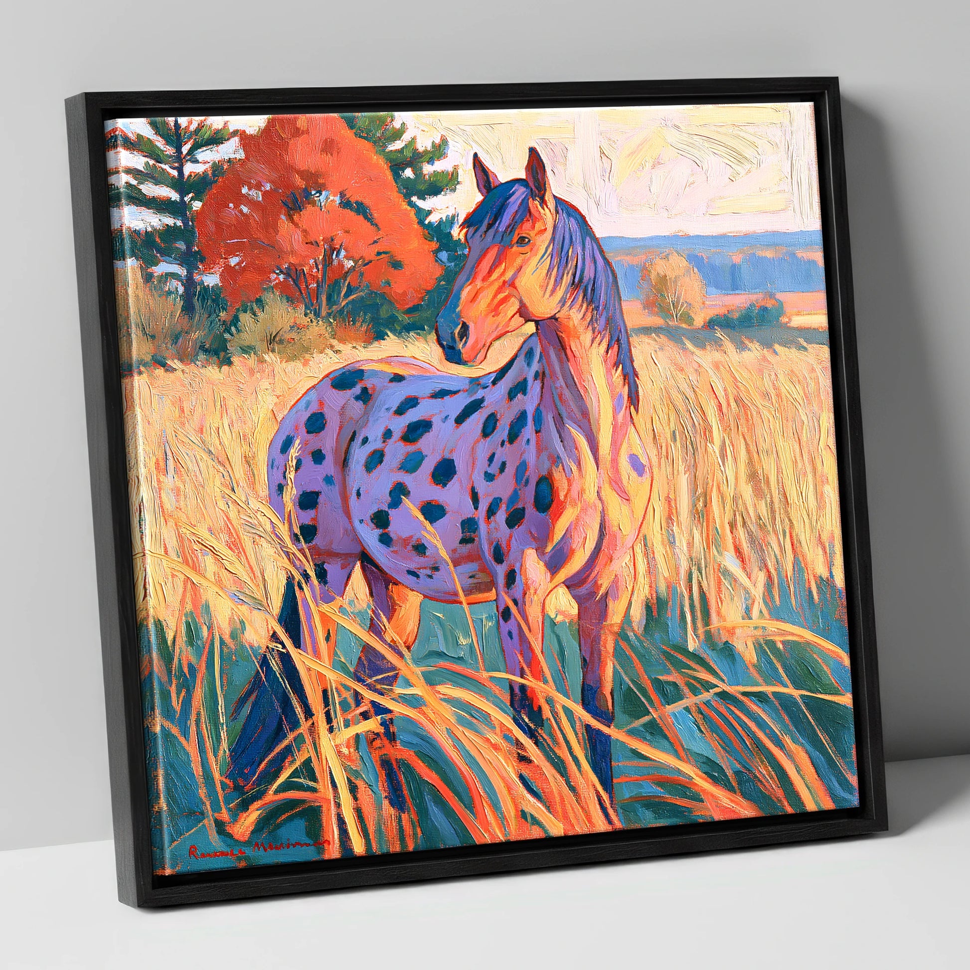 Spotted Appaloosa in Autumn Grass horse breed canvas wall art in black frame