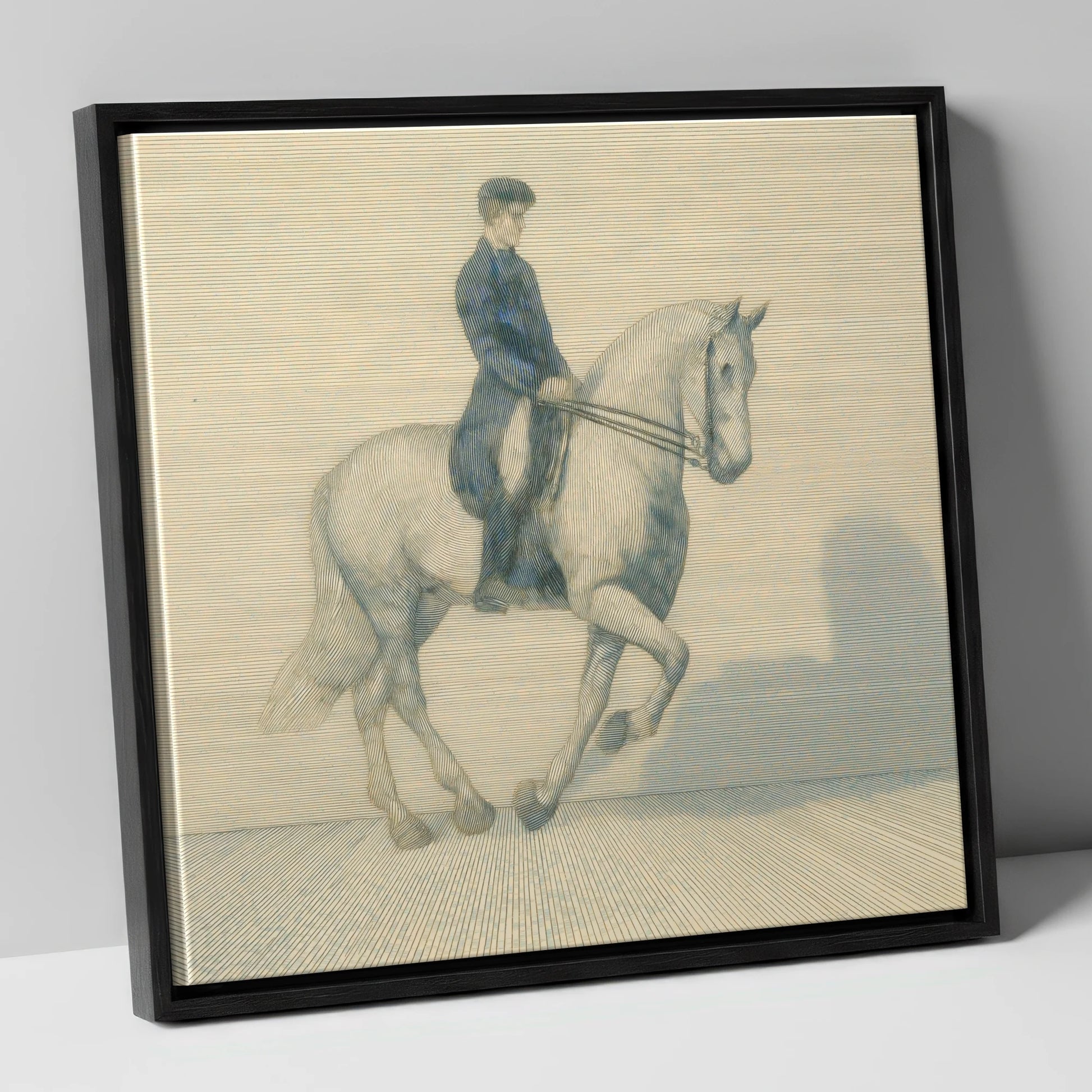 Structured Harmony dressage horse canvas wall art in black frame