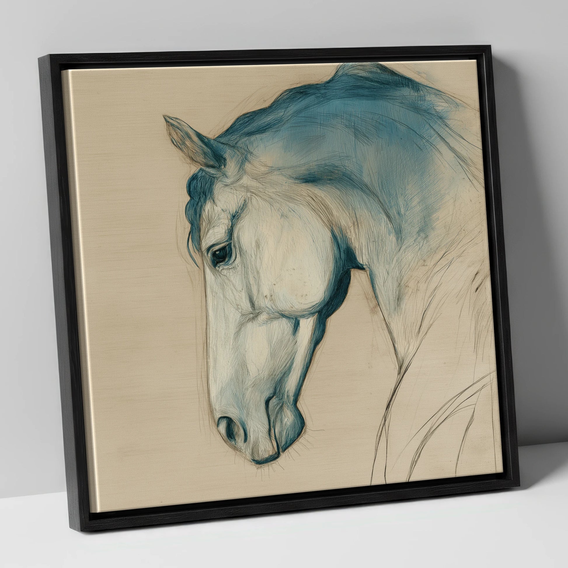 Teal Wash Equine Profile horse portrait canvas wall art in black frame
