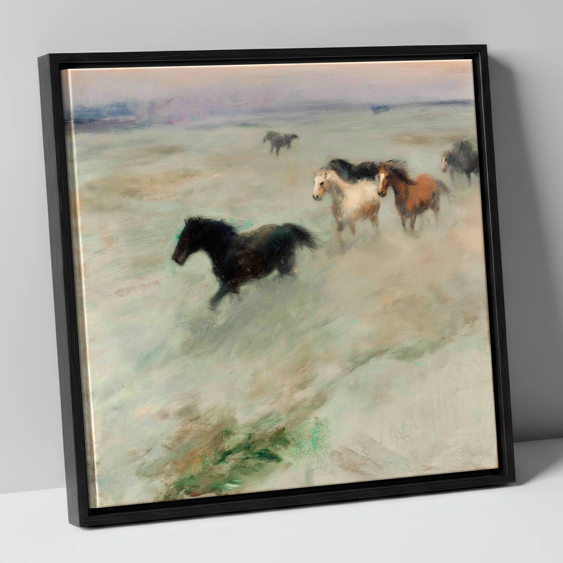 Through The Morning Mist wild horses canvas wall art in black frame