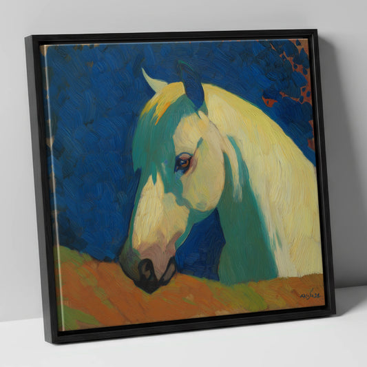 The Vibrant Grey horse portrait canvas wall art in black frame