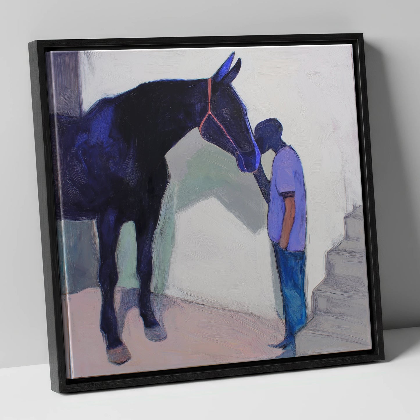 Silent Communion horse & rider canvas wall art in black frame