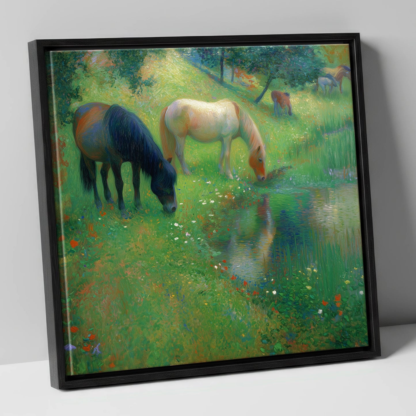 Tranquil Water Meadow horse landscape canvas wall art in black frame