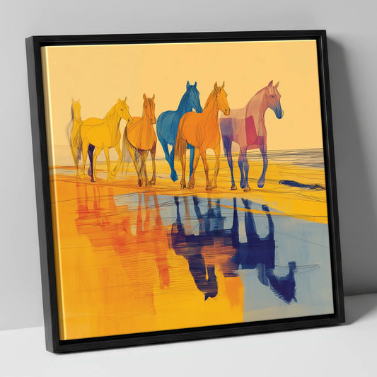 Vivid Equine Reflections horse landscape canvas wall art in black frame
