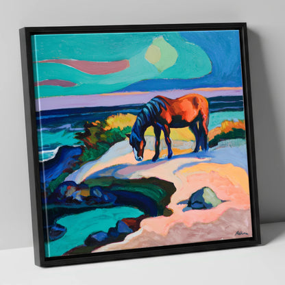 Vibrant Coastal Graze horse landscape canvas wall art in black frame