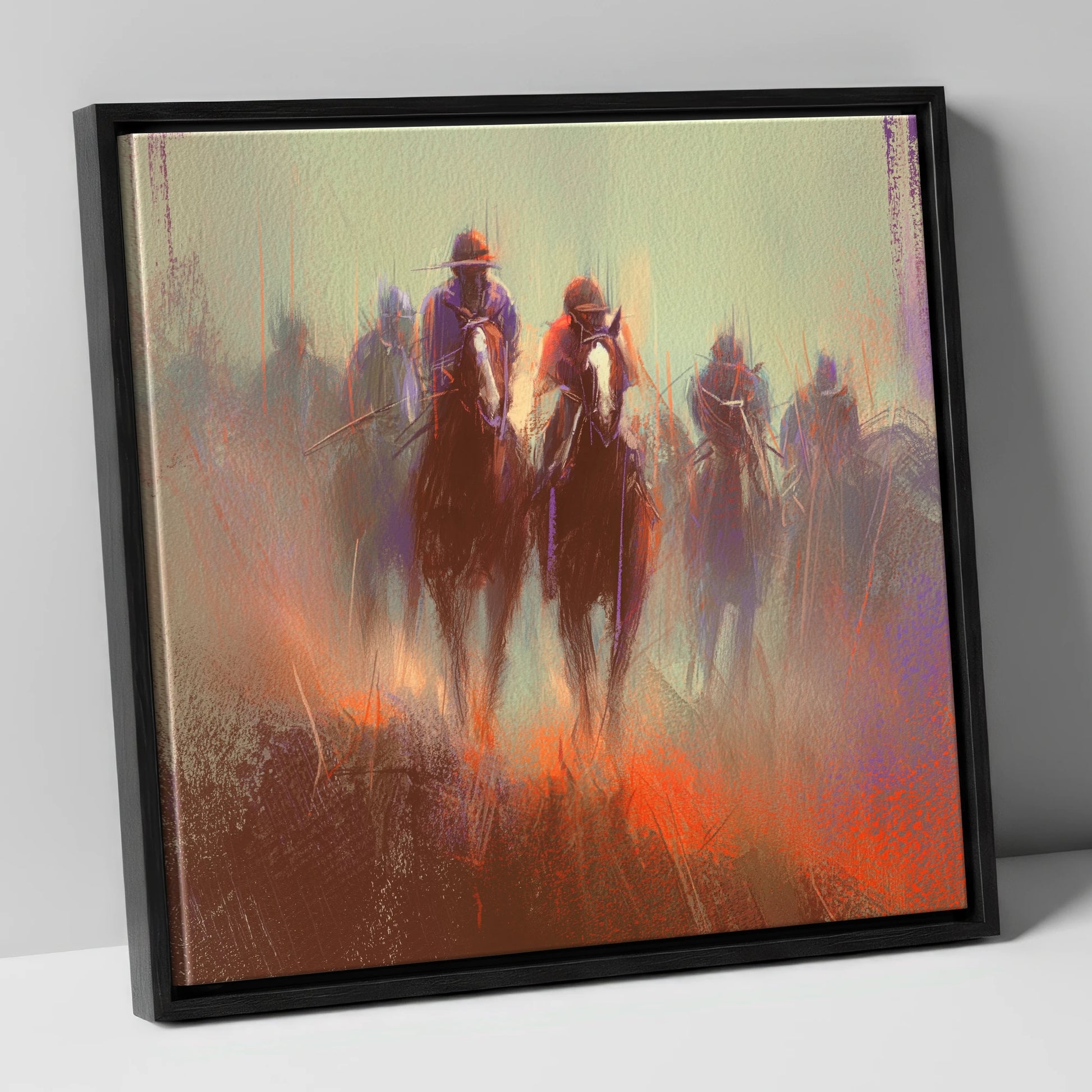 The Dawn Gallop racing horse canvas wall art in black frame