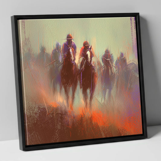 The Dawn Gallop racing horse canvas wall art in black frame