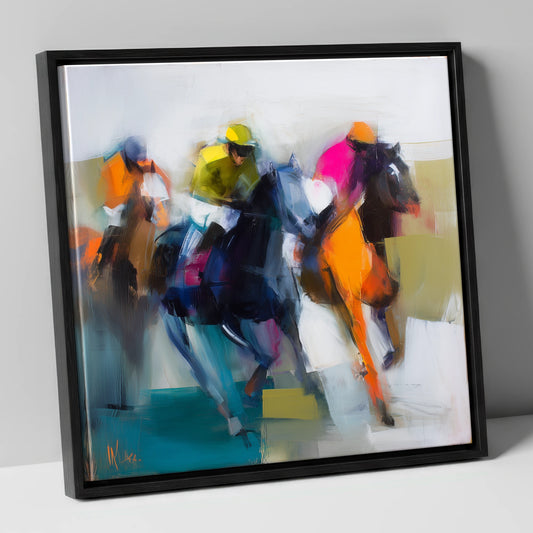 Rush of Silks racing horse canvas wall art in black frame