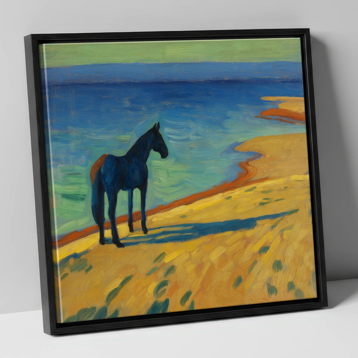 Shoreline Stillness horse landscape canvas wall art in black frame