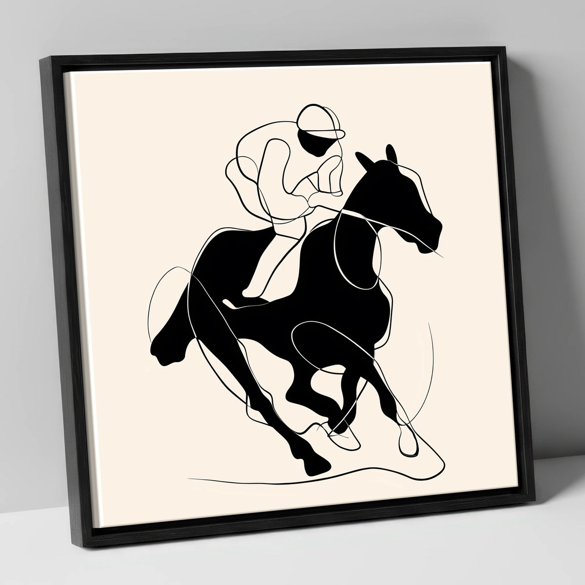 Monochrome Gallop racing horse canvas wall art in black frame