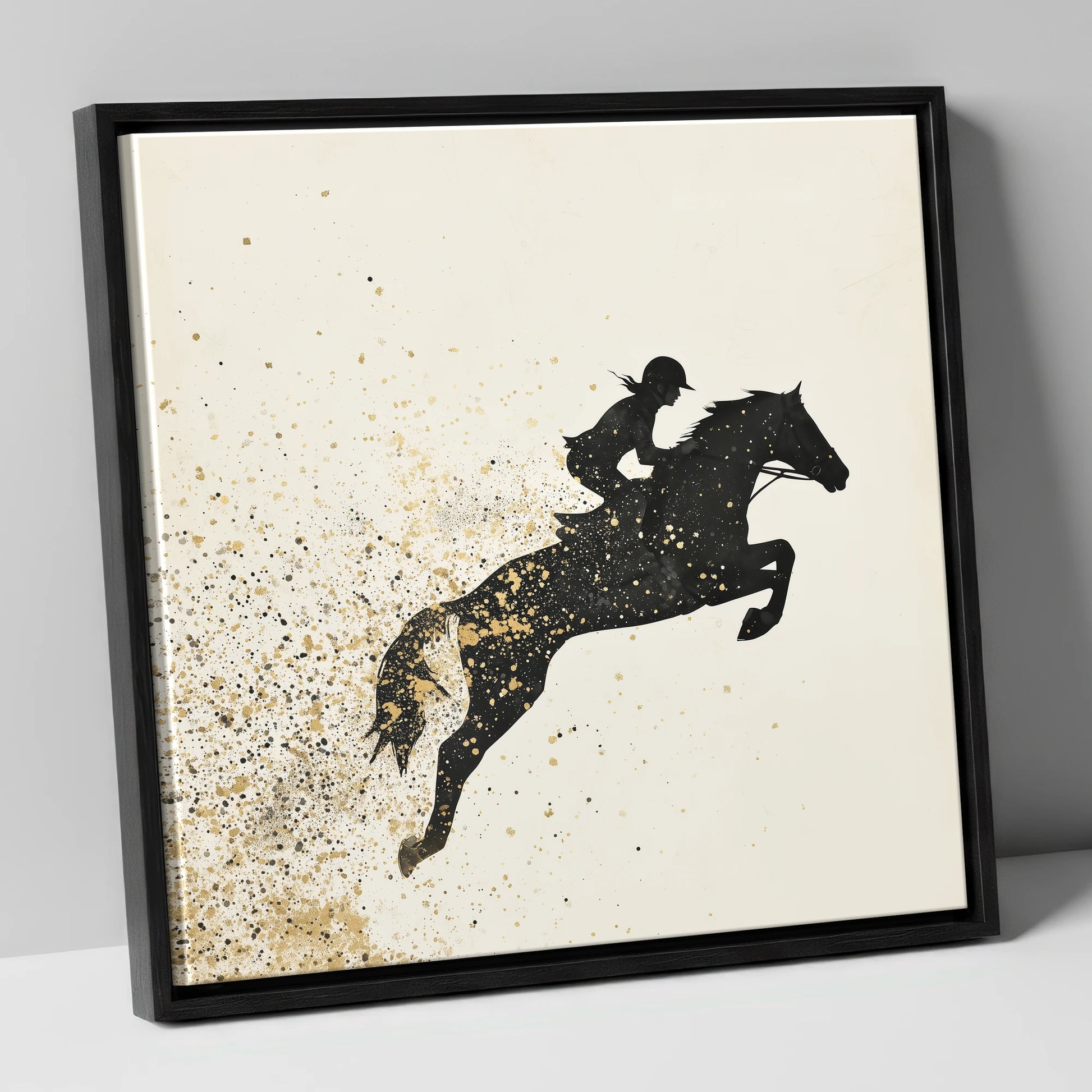 Airborne in Gold show jumping horse canvas wall art in black frame