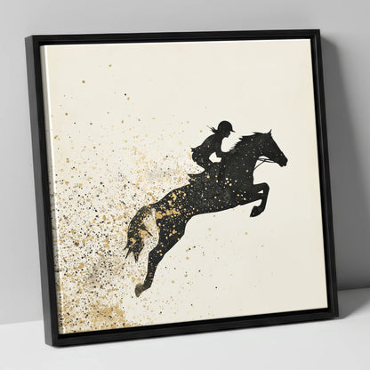 Airborne in Gold show jumping horse canvas wall art in black frame