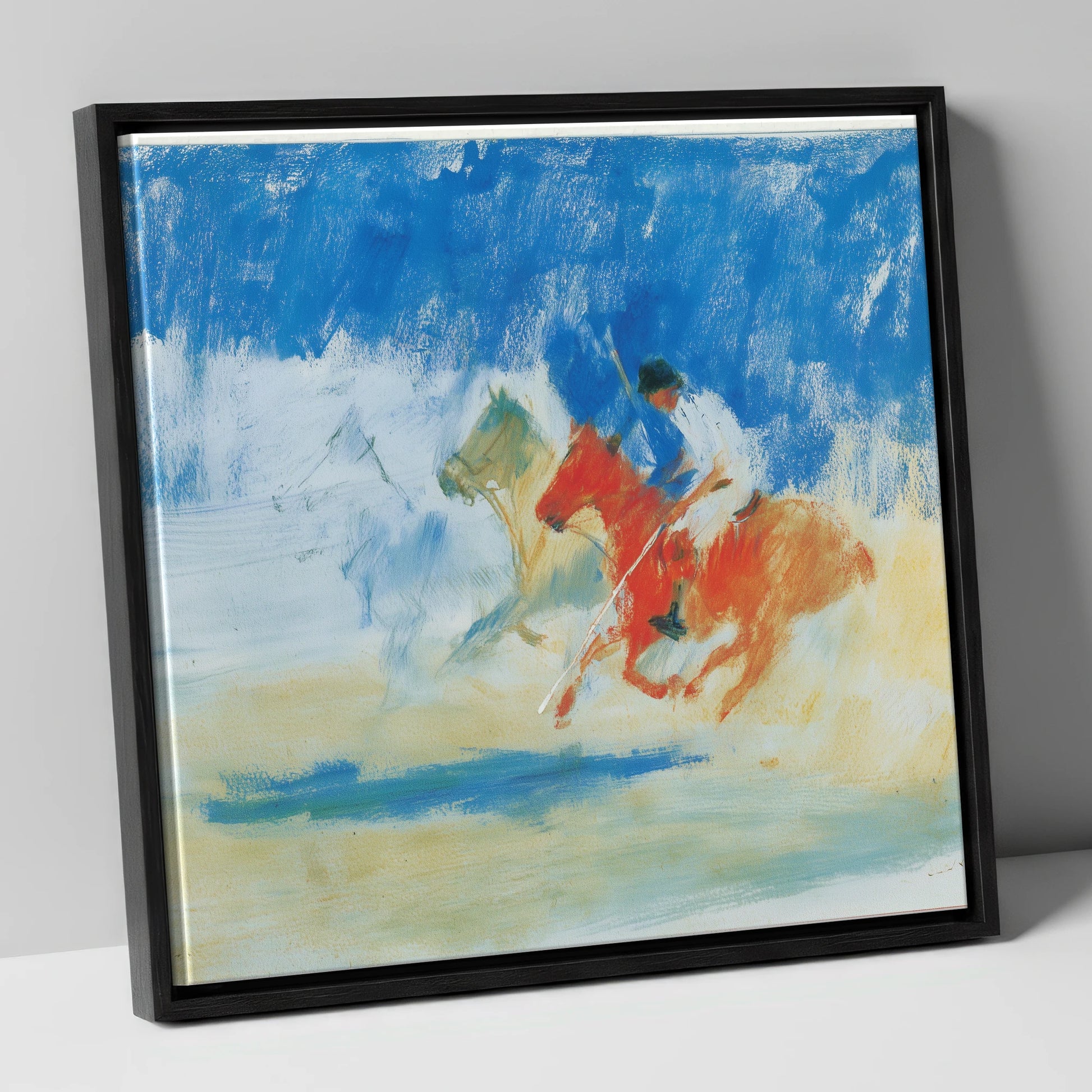 Cerulean Polo Chase polo horse canvas wall art in black frame