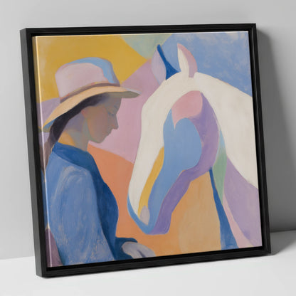 Quiet Harmony horse & rider canvas wall art in black frame
