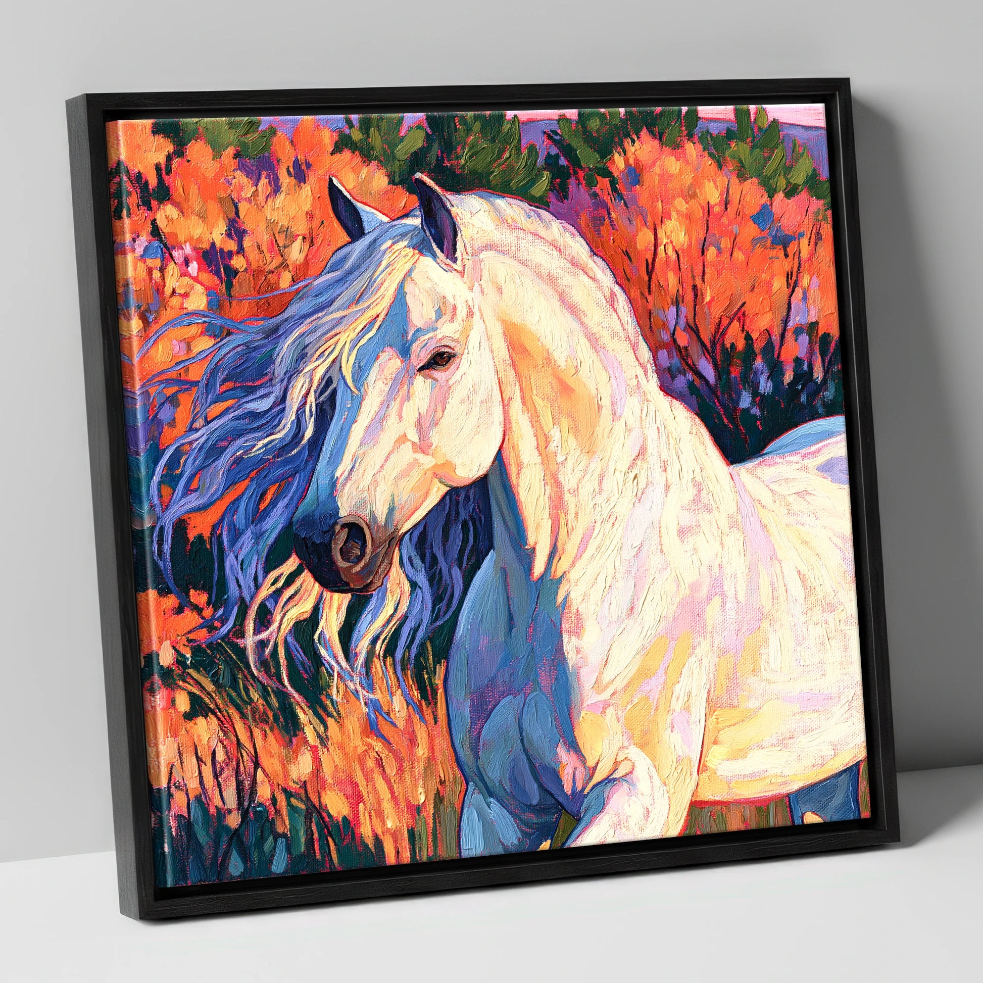 Vibrant White Andalusian Horse horse breed canvas wall art in black frame