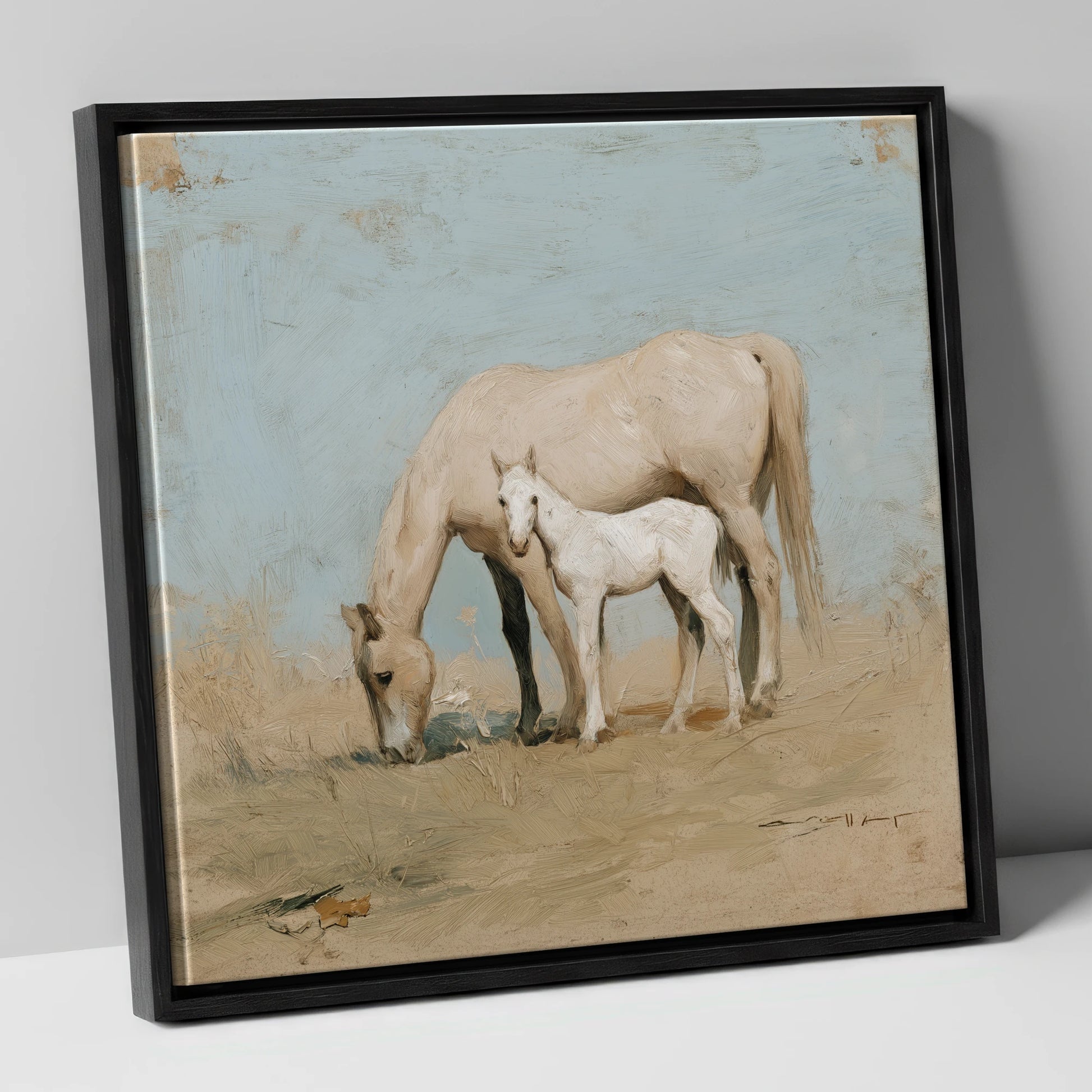 Chalk White Companions mare & foal canvas wall art in black frame