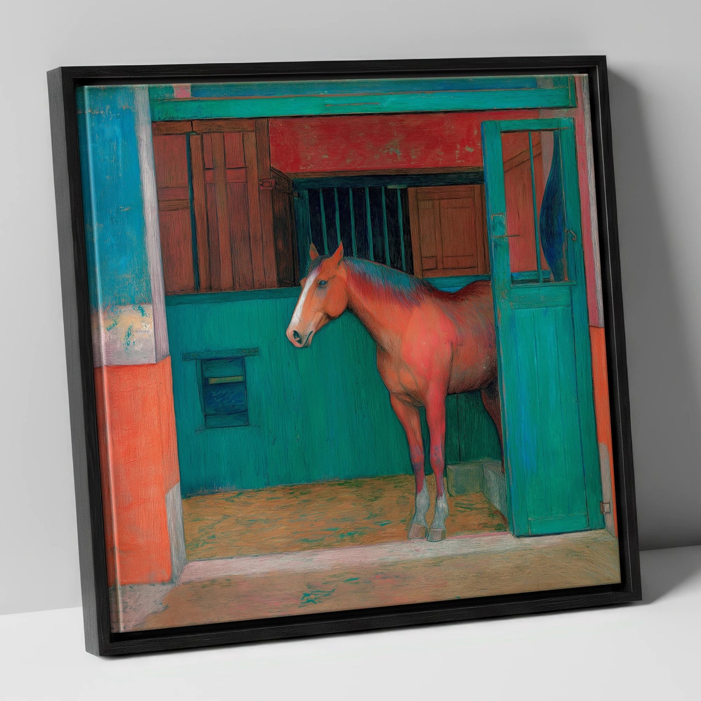 The Emerald Stable Door horse stable canvas wall art in black frame