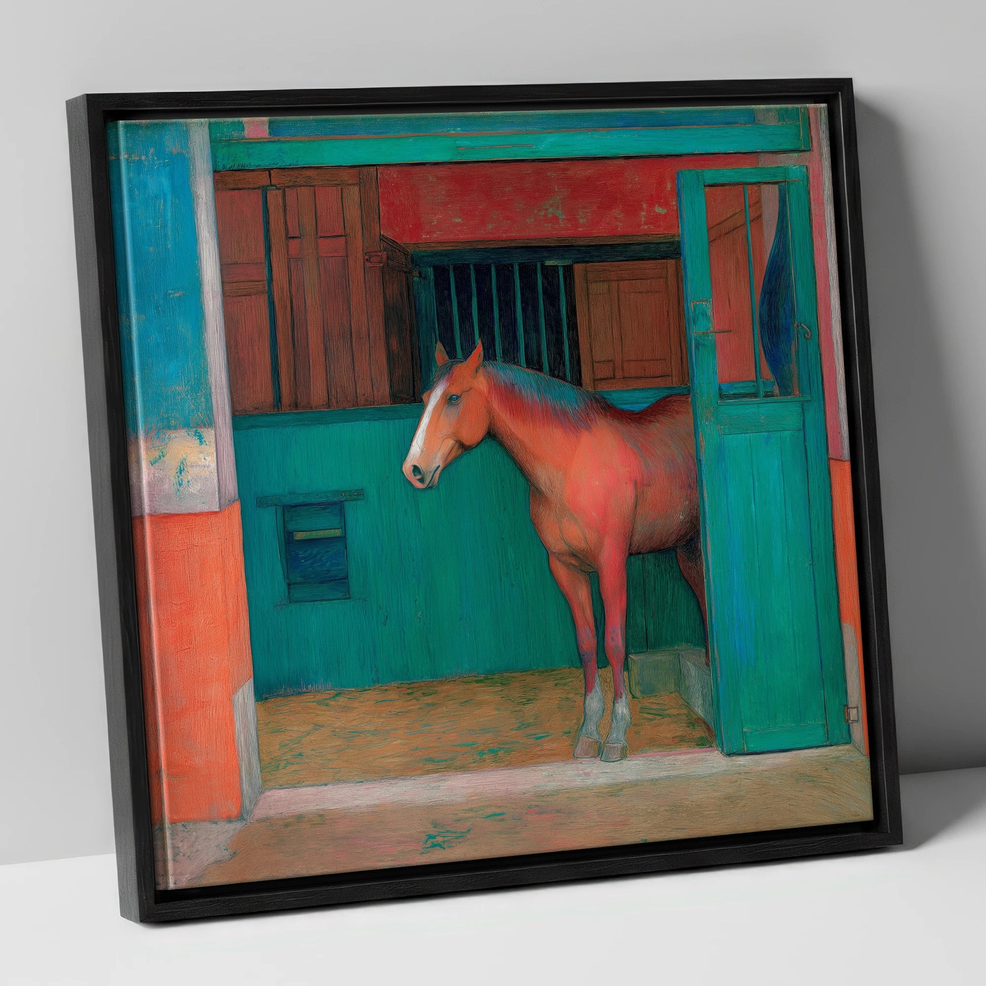 The Emerald Stable Door horse stable canvas wall art in black frame