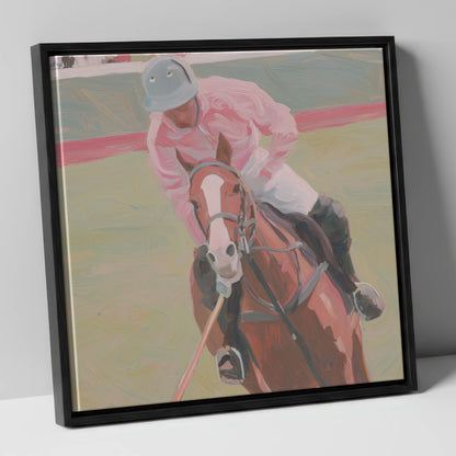 Dusty Pink Pursuit polo horse canvas wall art in black frame