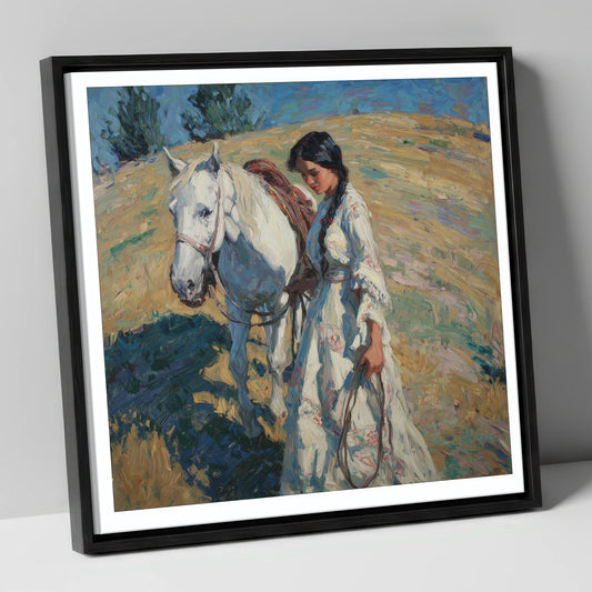 Sunlit Summer Stroll horse & rider canvas wall art in black frame