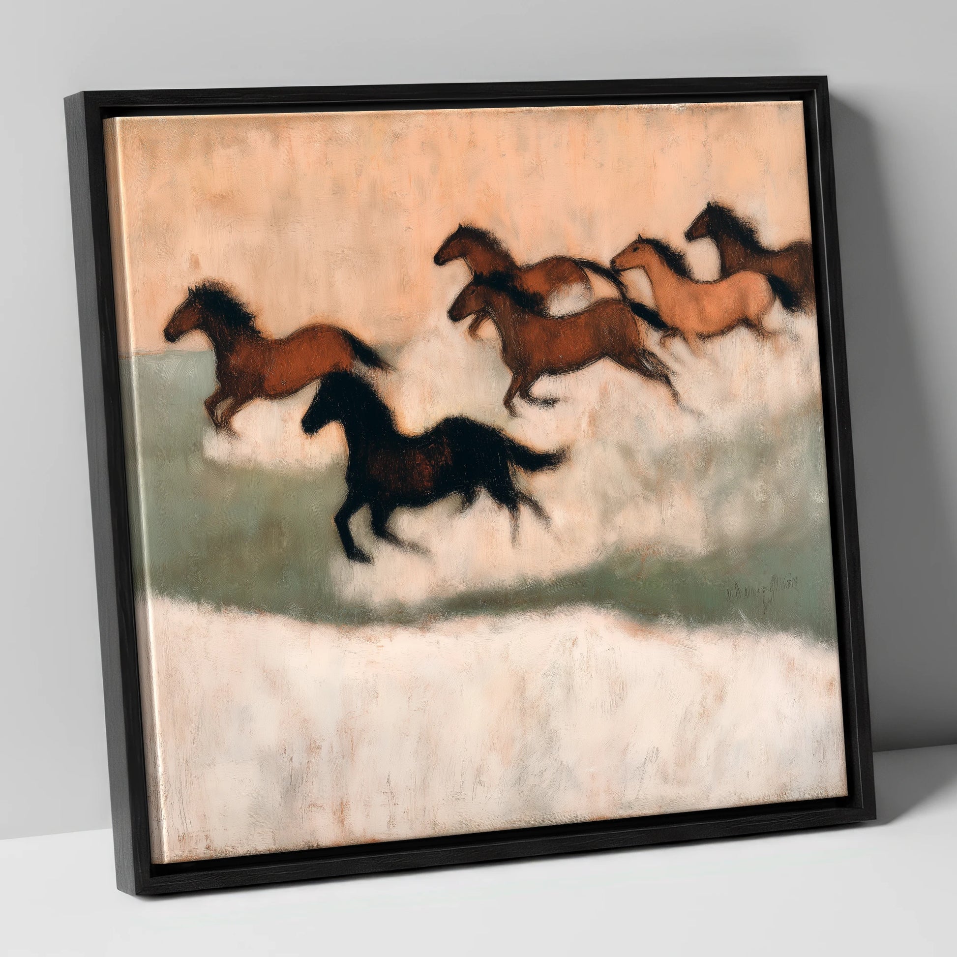 Through the Winter Haze wild horses canvas wall art in black frame