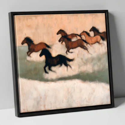 Through the Winter Haze wild horses canvas wall art in black frame