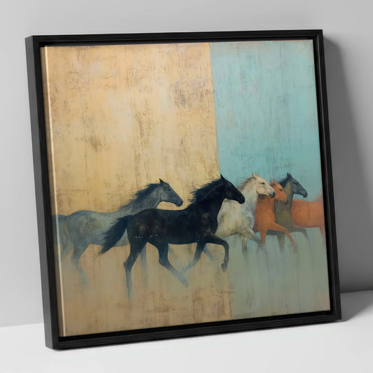 Ethereal Ochre Herd wild horses canvas wall art in black frame