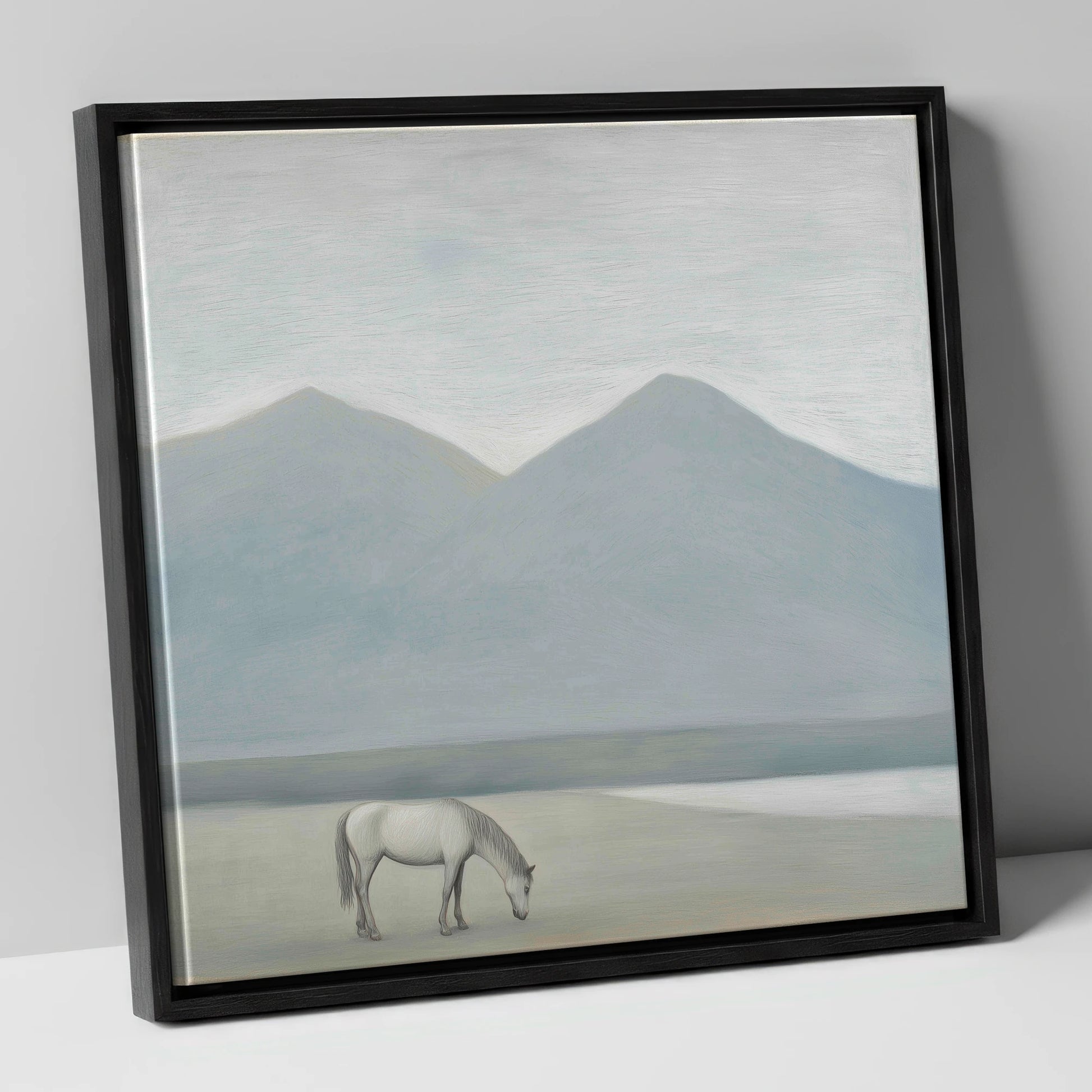 Solitary Mountain Grazing horse landscape canvas wall art in black frame