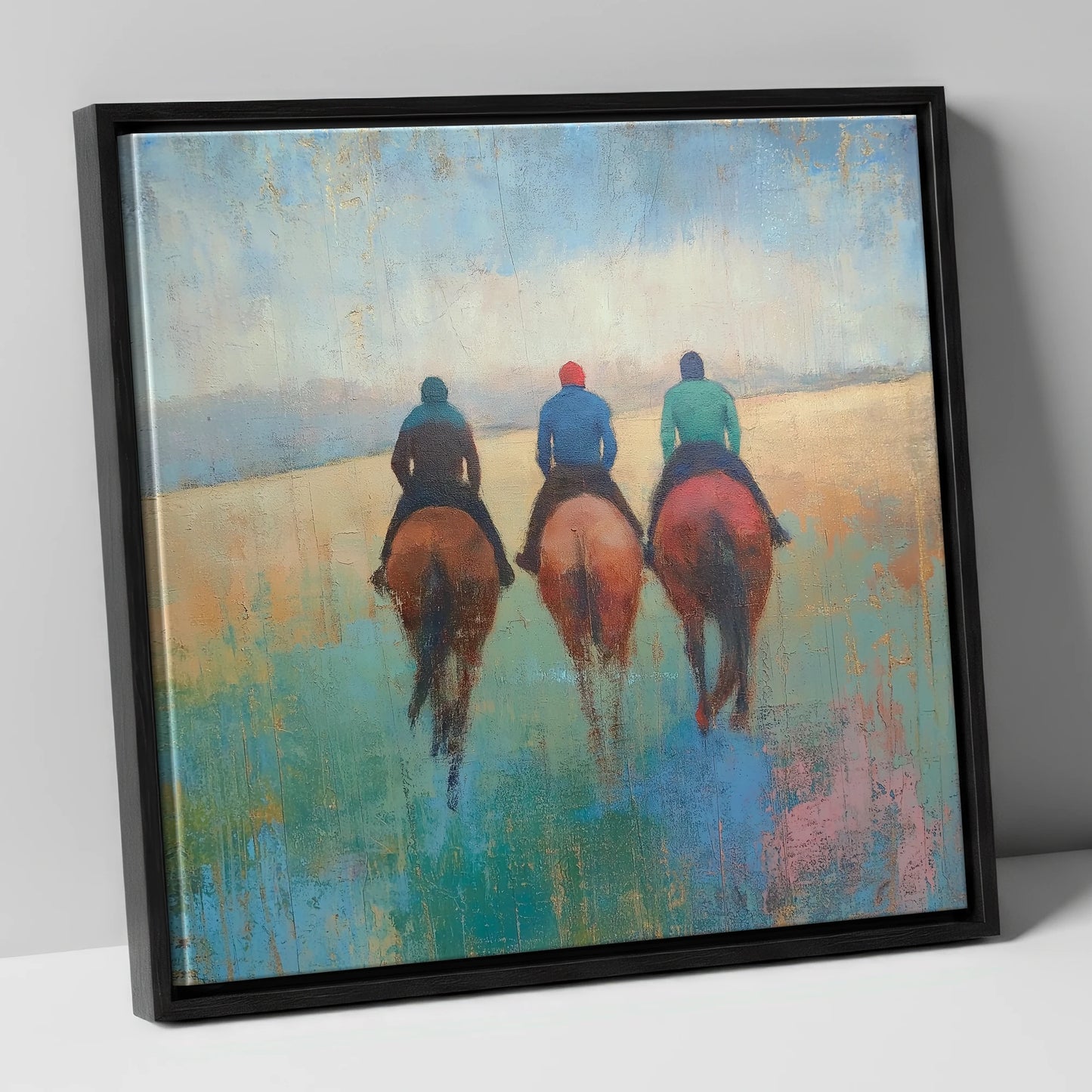 The Morning String racing horse canvas wall art in black frame