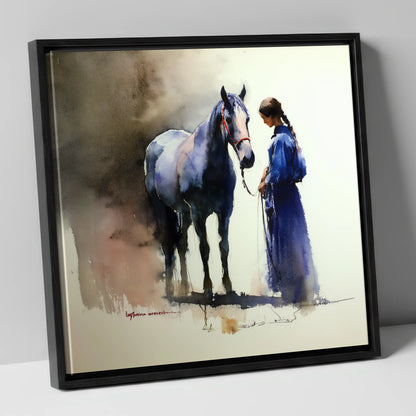 The Silent Bond horse & rider canvas wall art in black frame
