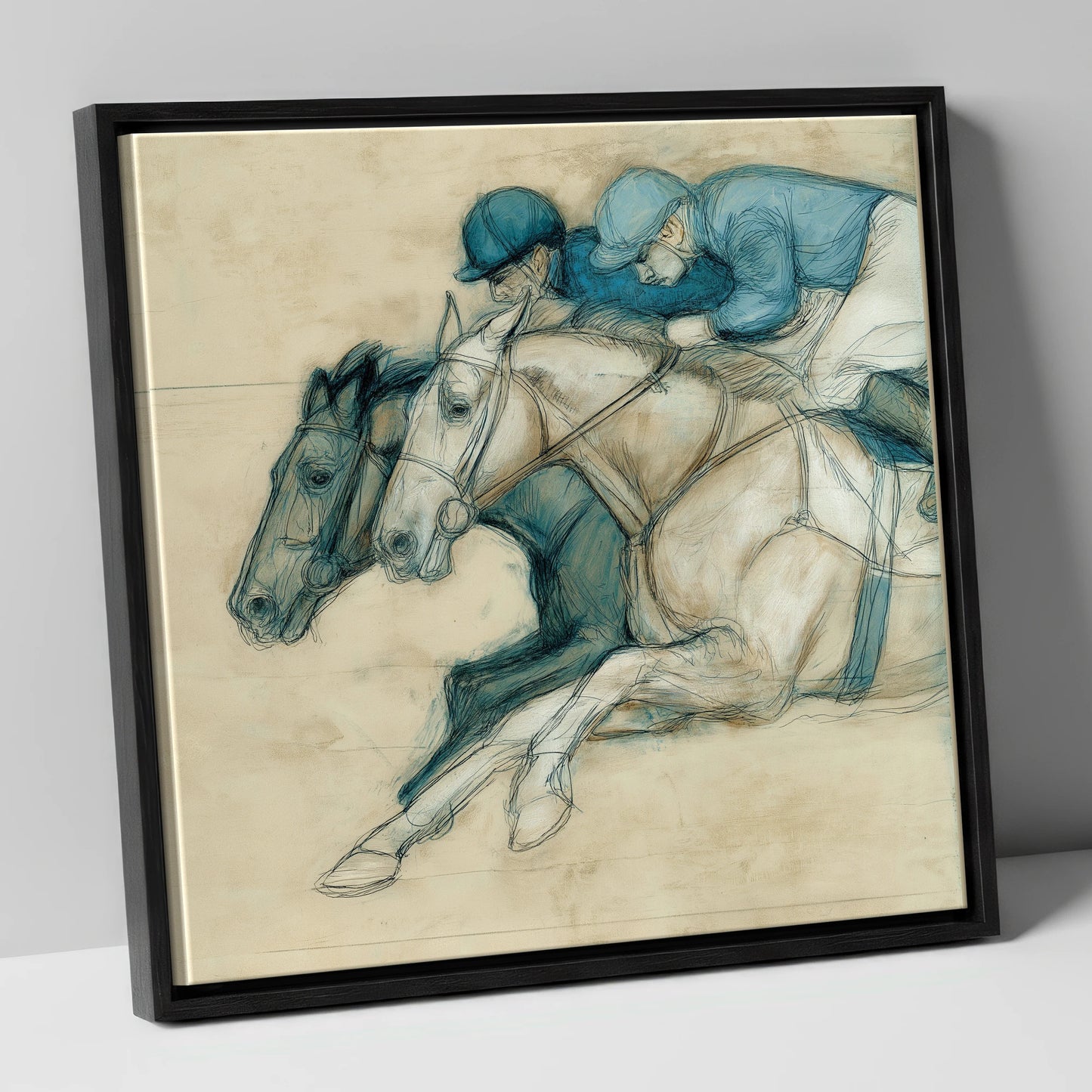 Neck and Neck racing horse canvas wall art in black frame