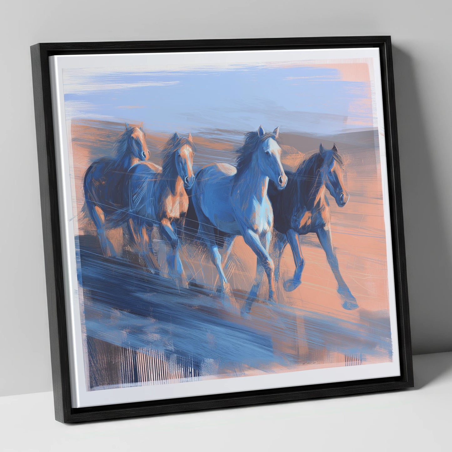 Cobalt Horizon Herd wild horses canvas wall art in black frame