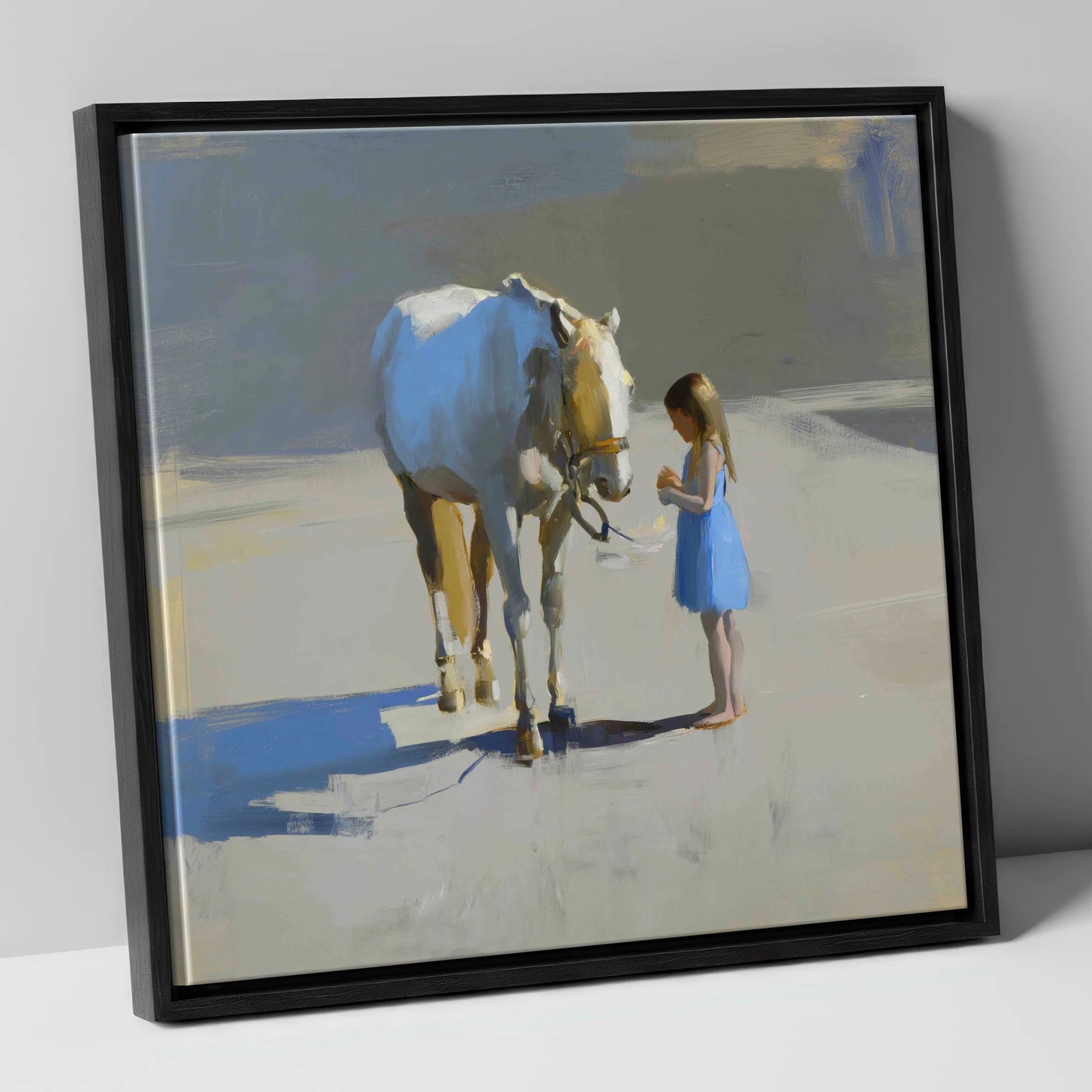 Sunlit Trust horse & rider canvas wall art in black frame