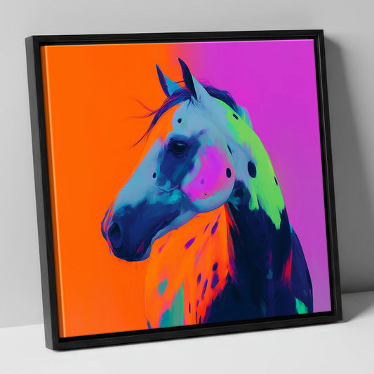 Neon Appaloosa Portrait horse breed canvas wall art in black frame