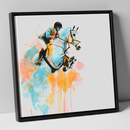 Suspended in Colour show jumping horse canvas wall art in black frame
