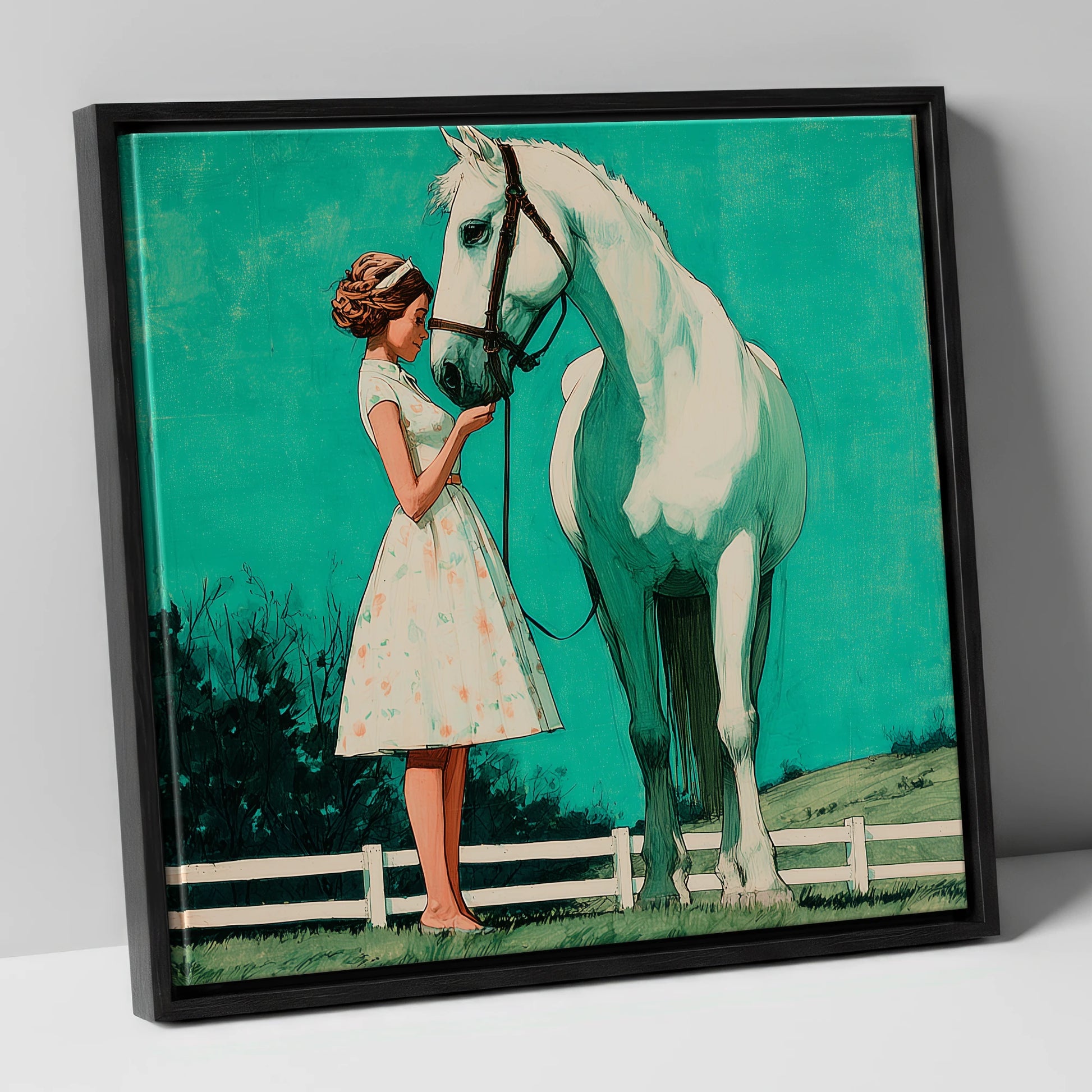 A Moment In Teal horse & rider canvas wall art in black frame