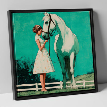 A Moment In Teal horse & rider canvas wall art in black frame