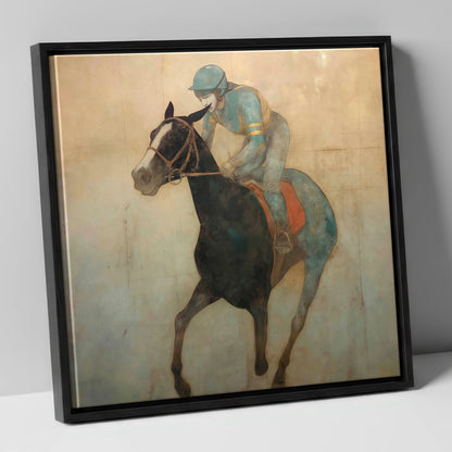 Teal Silk Canter racing horse canvas wall art in black frame