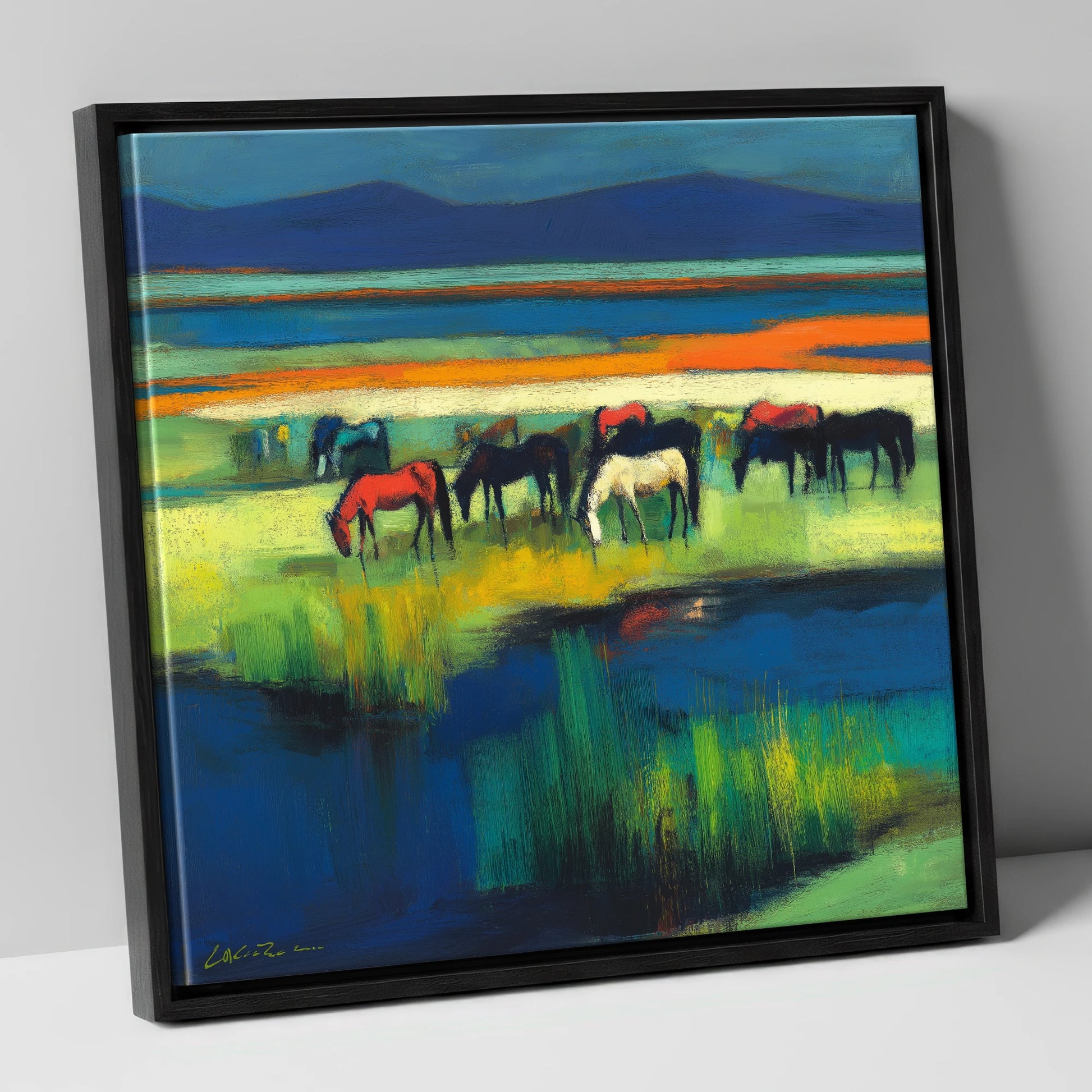 Vibrant Grazing Herd wild horses canvas wall art in black frame