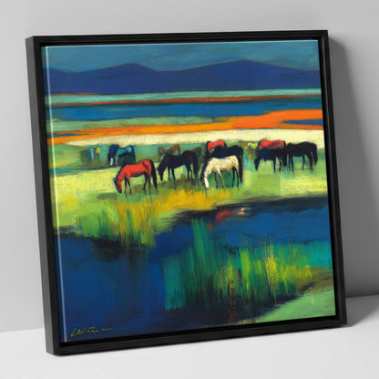 Vibrant Grazing Herd wild horses canvas wall art in black frame