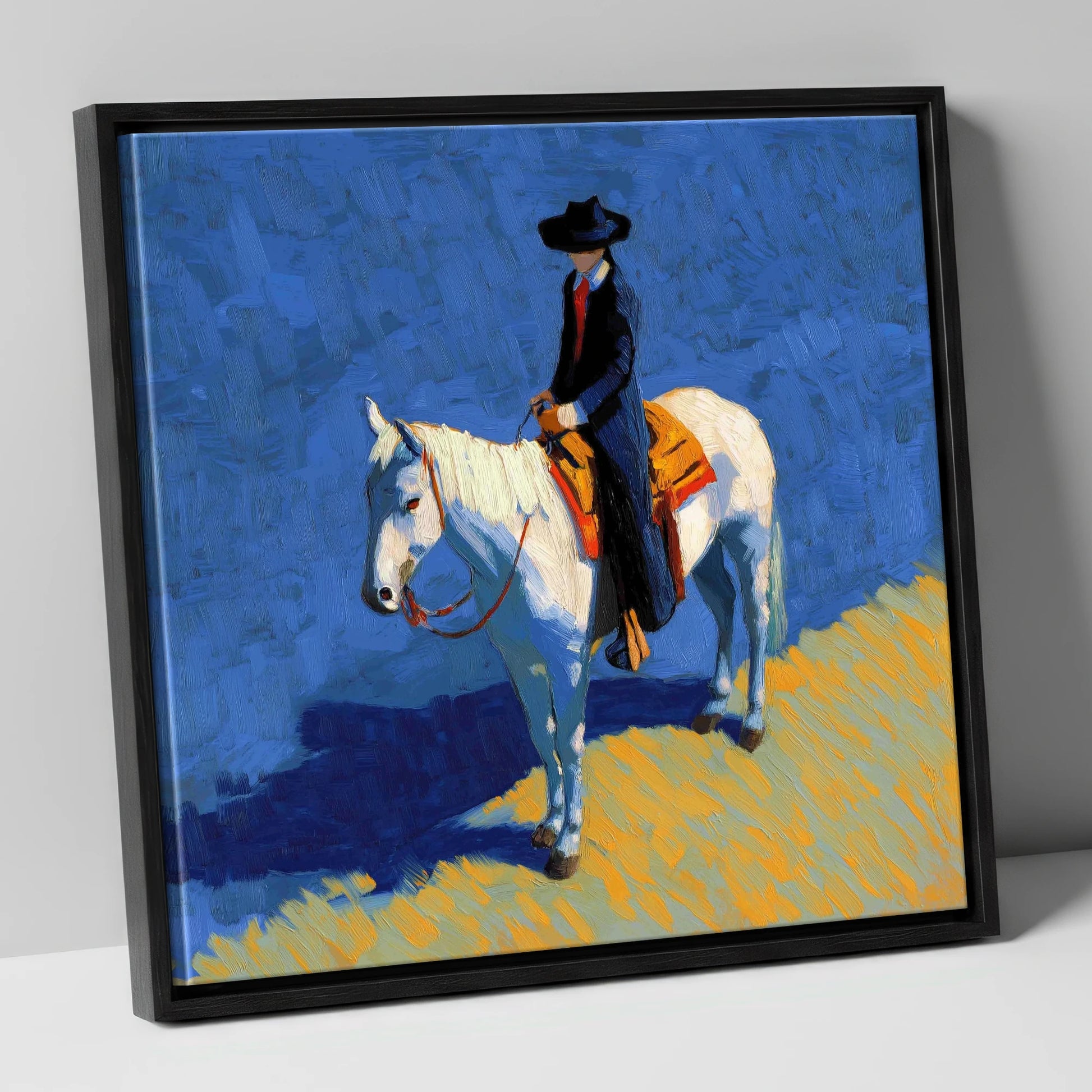 Vaquero in Blue western horse canvas wall art in black frame