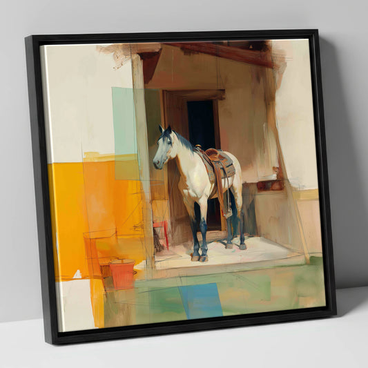 The Waiting Grey horse stable canvas wall art in black frame
